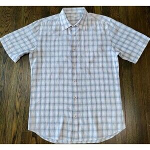 Martin Gordon Shirt Men's L Short Sleeve 100% Cotton Plaid Red Gray White Light